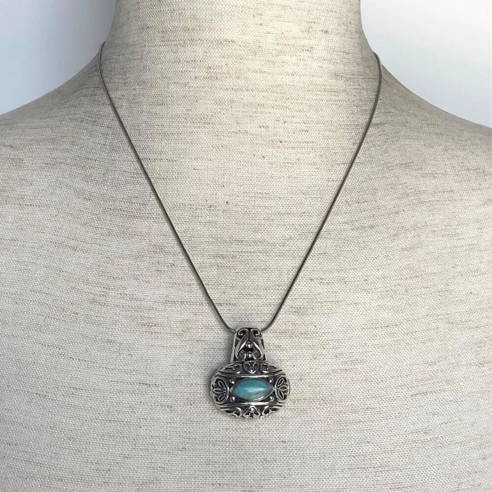 Sterling Silver 925 Chunky Bali Style Scrollwork Turquoise Pendant Necklace 18